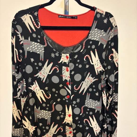 Gudrun Sjoden Black Red Cat Print Button Front Long Sleeve Tunic Top - Picture 4 of 10